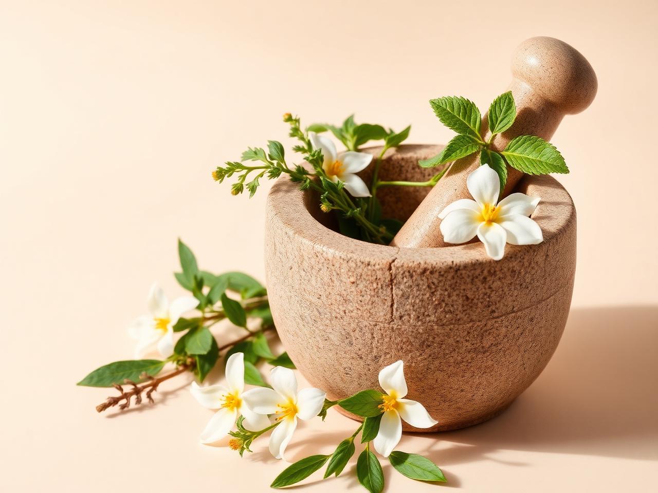Stone mortar with fresh herbs and jasmine