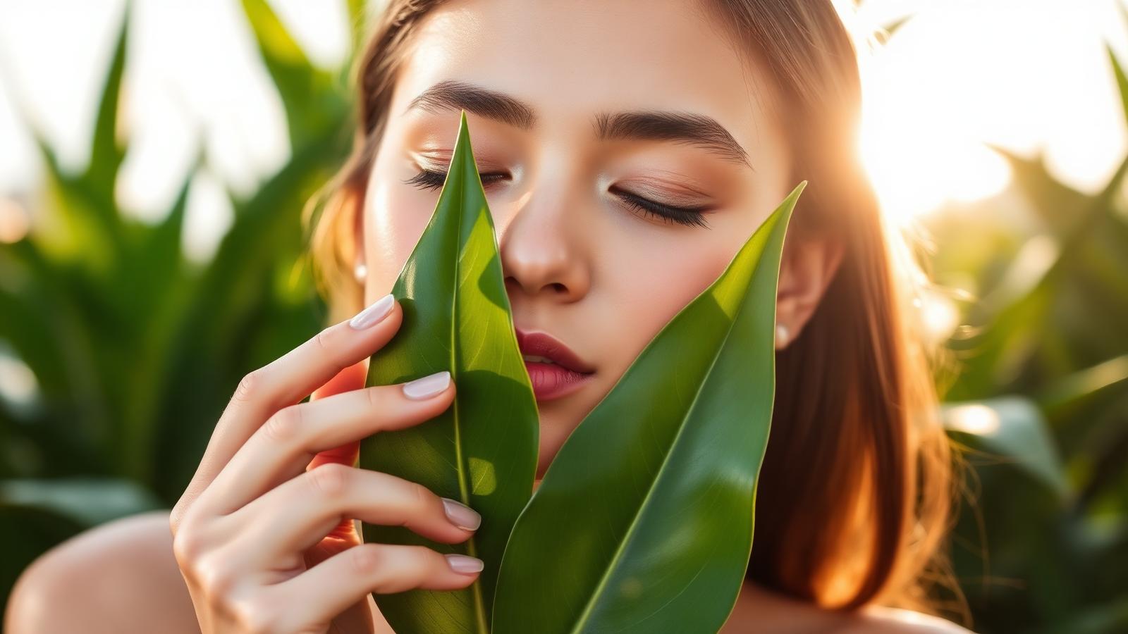Woman with glowing skin holding a leaf